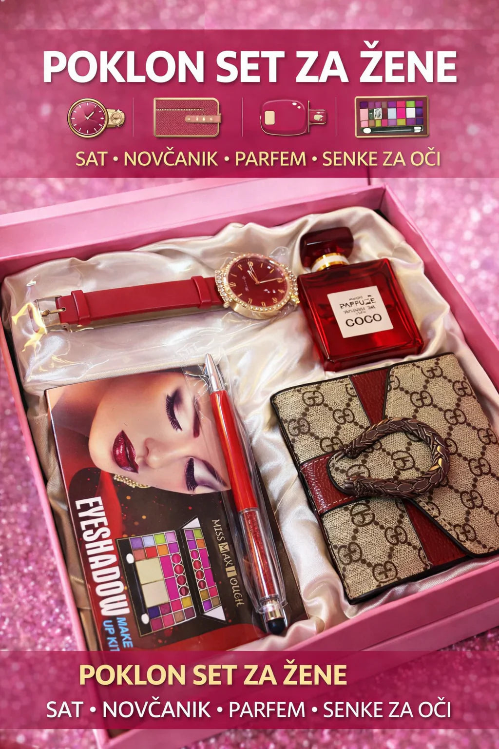 Poklon set za žene sat, novčanik, parfem i senke za oči