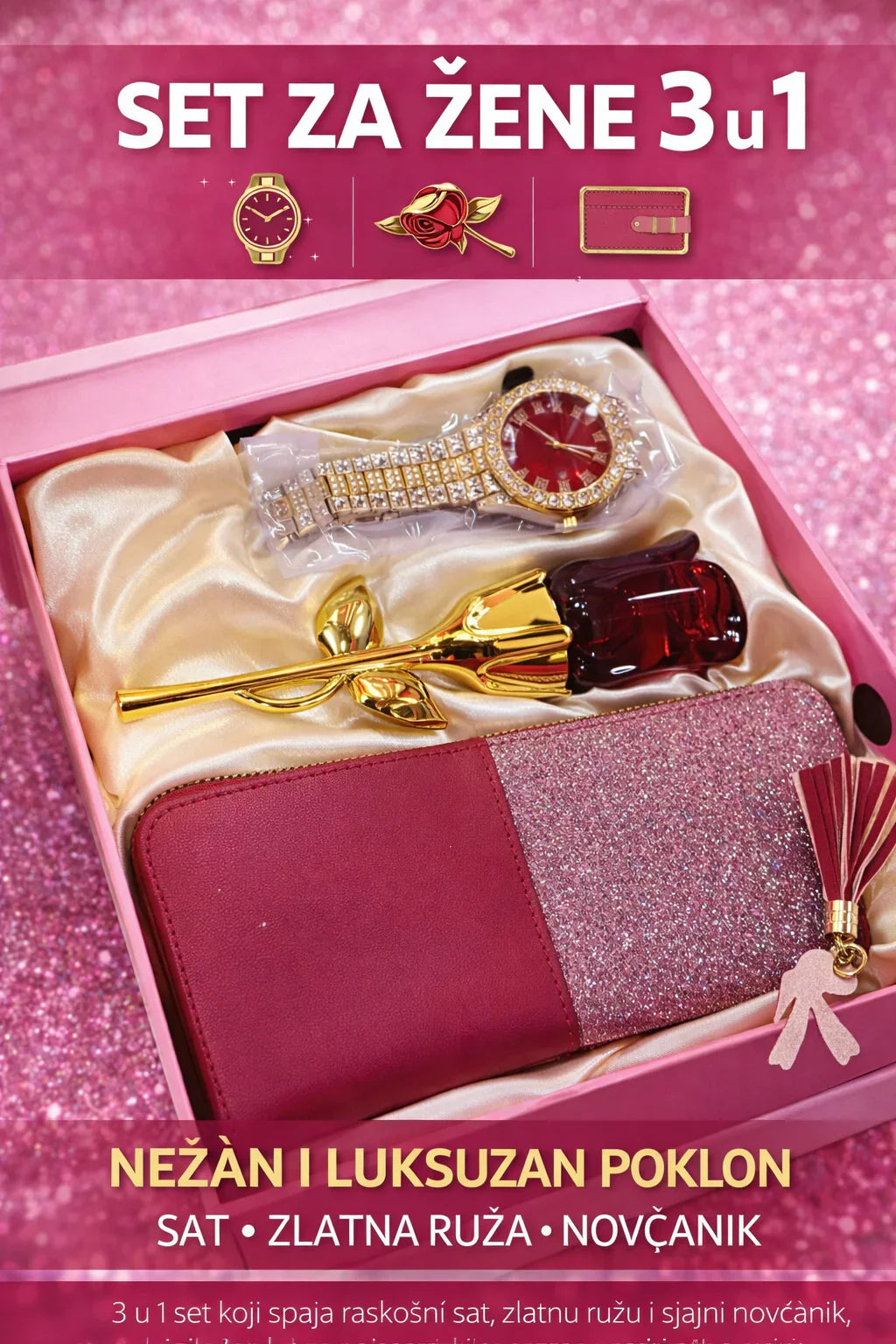 Set za žene 3 u 1 parfem ruža, sat i novčanik